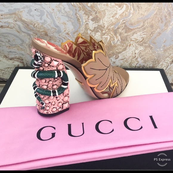 Gucci Shoes - Gucci Webby Leaf Taupe Multicolor Leather Mules